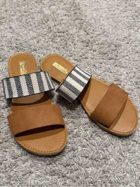 Two-Band Tan and Gray Slide Sandals with Striped Accent